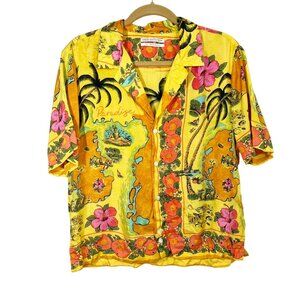 Urban Outfitters Women's Yellow Hawaiian Shirt Tropical Fruit Floral Size Small